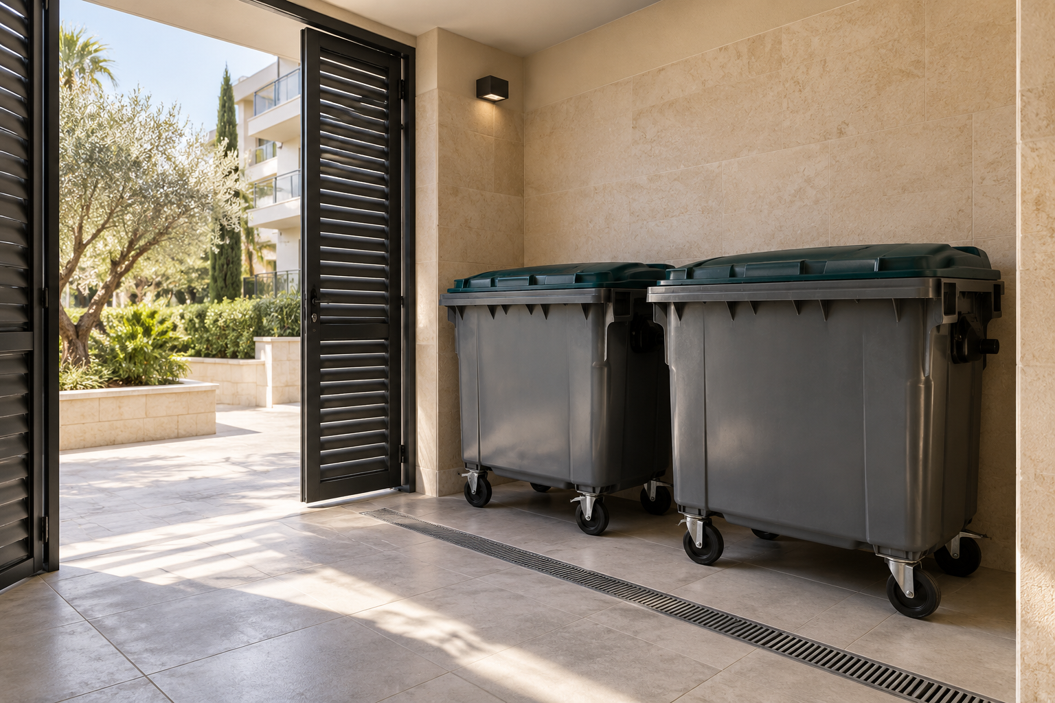 Illustration d’un local poubelles dans une résidence méditerranéenne